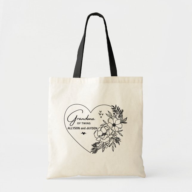 Grandma of Twins Personalised Name Floral Shopping Tote Bag (Front)
