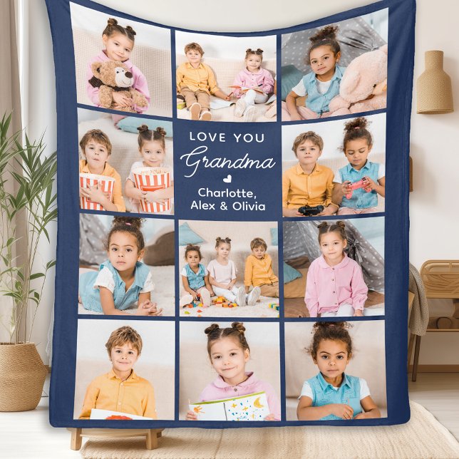 Grandma Personalised Navy Blue 11 Photo Collage Fleece Blanket (Creator Uploaded)