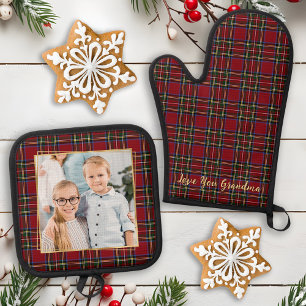 Grandma Personalised Photo Gold Christmas Plaid Oven Mitt & Pot Holder Set