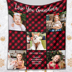 Grandma Personalised Red Buffalo Plaid 5 Photo Fleece Blanket