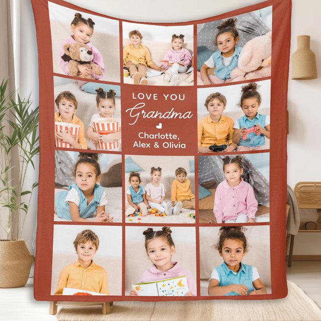 Grandma Personalised Terracotta 11 Photo Collage Fleece Blanket (Creator Uploaded)
