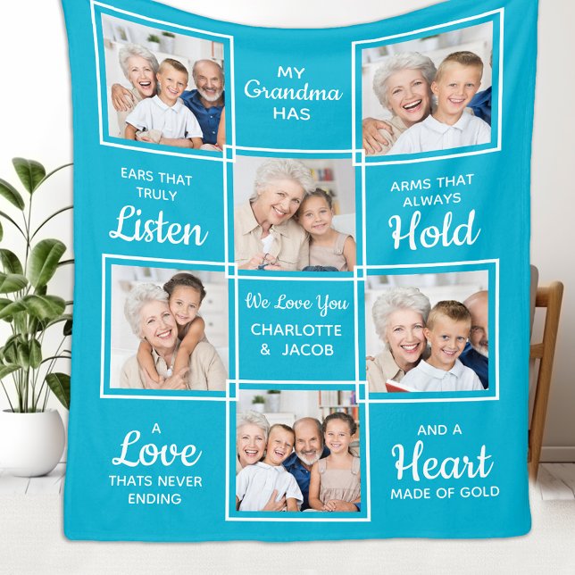 Grandma Personalized Trendy 6 Photo Grandmother Fleece Blanket (Creator Uploaded)
