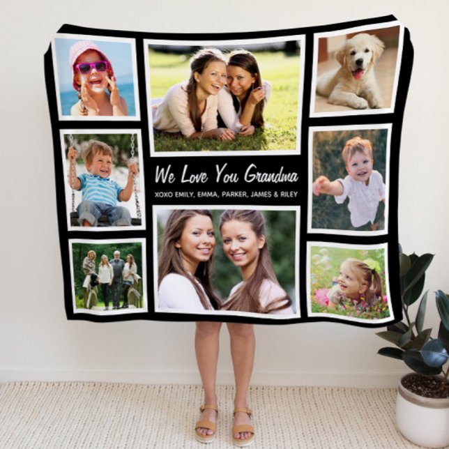 Grandma Photo Collage Black Fleece Blanket (Creator Uploaded)