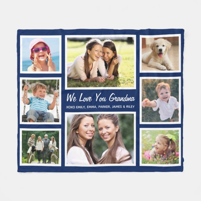 Grandma Photo Collage Blue Fleece Blanket (Front (Horizontal))