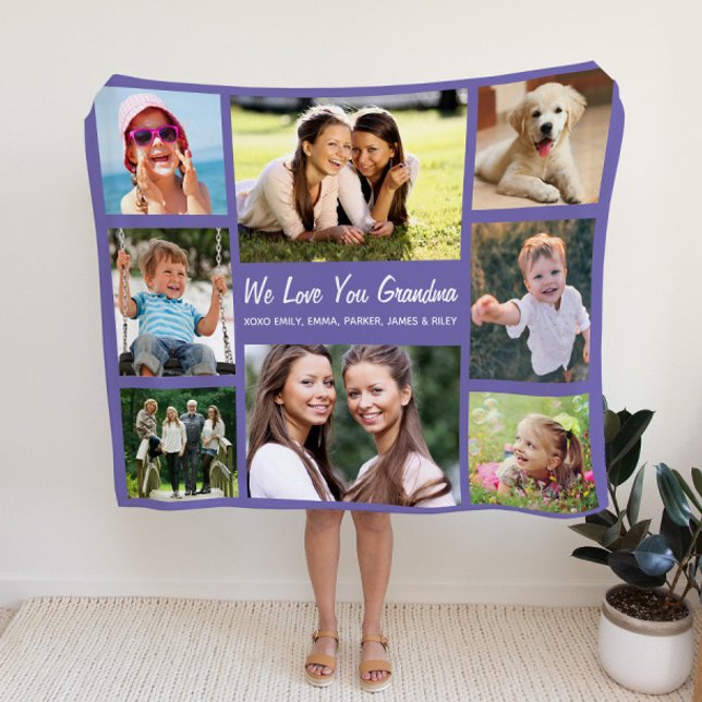 Grandma Photo Collage Personalised Purple Fleece Blanket (Creator Uploaded)
