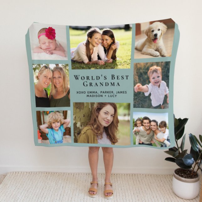 Grandma Photo Collage Sage Green Fleece Blanket (Creator Uploaded)