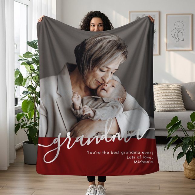 Grandma Photo Elegant Script Personal Message Fleece Blanket (Creator Uploaded)