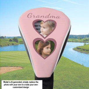 Grandma Pink Hearts 2 Grandchildren Photo Collage Golf Head Cover
