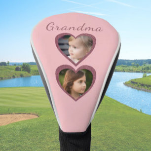 Grandma Pink Hearts 2 Grandchildren Photo Collage Golf Head Cover