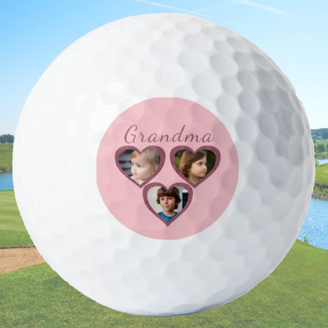 Grandma Pink Hearts 3 Grandchildren Photo Collage  Golf Balls (Creator Uploaded)