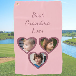Grandma Pink Hearts 3 Grandchildren Photo Collage Golf Towel