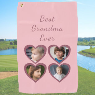 Grandma Pink Hearts 4 Grandchildren Photo Collage Golf Towel