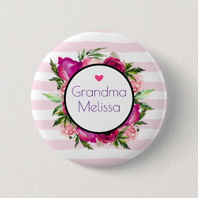 Grandma Pink Rose & Poppy Floral Bouquet 6 Cm Round Badge (Front)