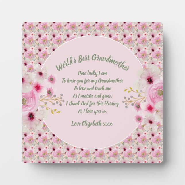 Grandma Poem Pink Flowers Named Gifts Plaque (Front)