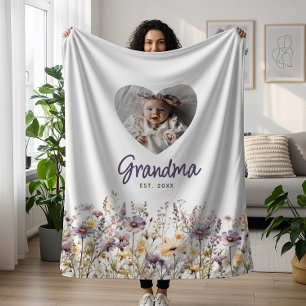 Grandma Purple Watercolor Wildflowers & Photo Gift Fleece Blanket