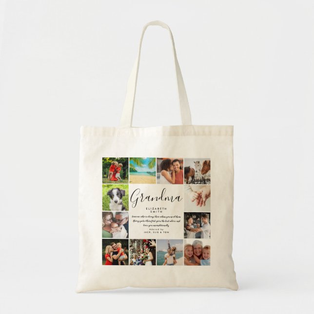 Grandma Quote Modern Script 12 Photo Collage Tote Bag (Front)