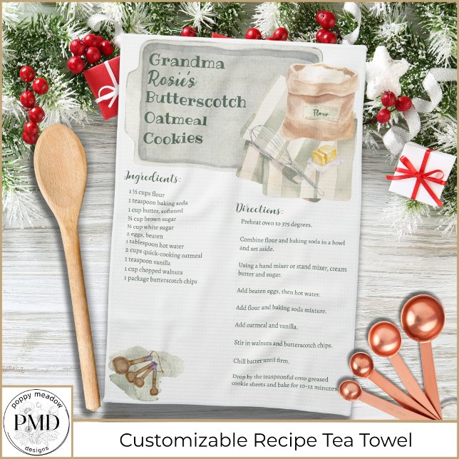 Grandma Recipe | Butterscotch Cookie Personalised Tea Towel (Grandma Recipe Rustic Butterscotch Cookie Personalized Kitchen Tea Towel with her name, recipe.)