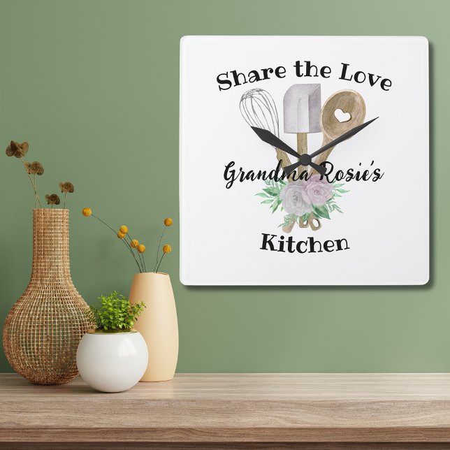 Grandma Recipes | Share the Love Personalised Square Wall Clock (Grandma's Kitchen Custom Share the Love clock with her name and watercolor kitchen utensils.)