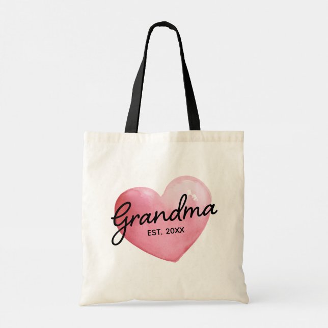 Grandma Reveal Est Year Watercolor Heart Tote Bag (Back)