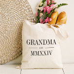 Grandma Roman Numeral Year Established Tote Bag<br><div class="desc">A modern minimalist tote bag to celebrate a chic grandma,  this clean minimal tote features "Grandma" or your choice of grandma nickname in black serif lettering. Customise with the year she became a grandmother beneath in elegant roman numerals for a chic touch.</div>