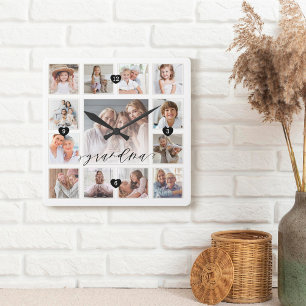 Grandma Script Family Memory Photo Grid Collage Square Wall Clock
