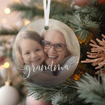 Grandma Script Overlay Glass Tree Decoration<br><div class="desc">Create a sweet gift for a special grandmother with this beautiful custom ornament. "Grandma" appears as an elegant white script overlay on your favorite photo of grandma and her grandchild or grandchildren.</div>