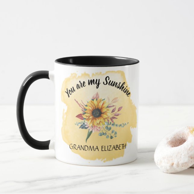 Grandma Sunflower Sunshine Yellow Grandkids Names Mug (With Donut)