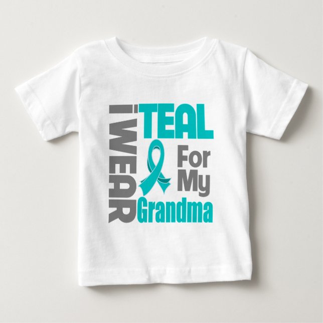 Grandma - Teal Ribbon Ovarian Cancer Support Baby T-Shirt (Front)