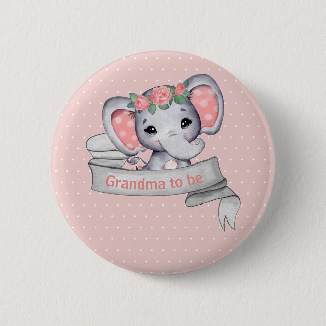Grandma to be Baby Girl Shower Cute Elephant Pink 6 Cm Round Badge (Front)