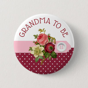 Grandma to be Burgundy  Roses Baby Shower Button