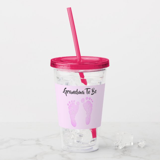 Grandma To Be Pink Baby Footprints Announcement Acrylic Tumbler (Front Ice)