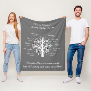 Grandma Tree, 10 Names & Dates, white on grey Fleece Blanket