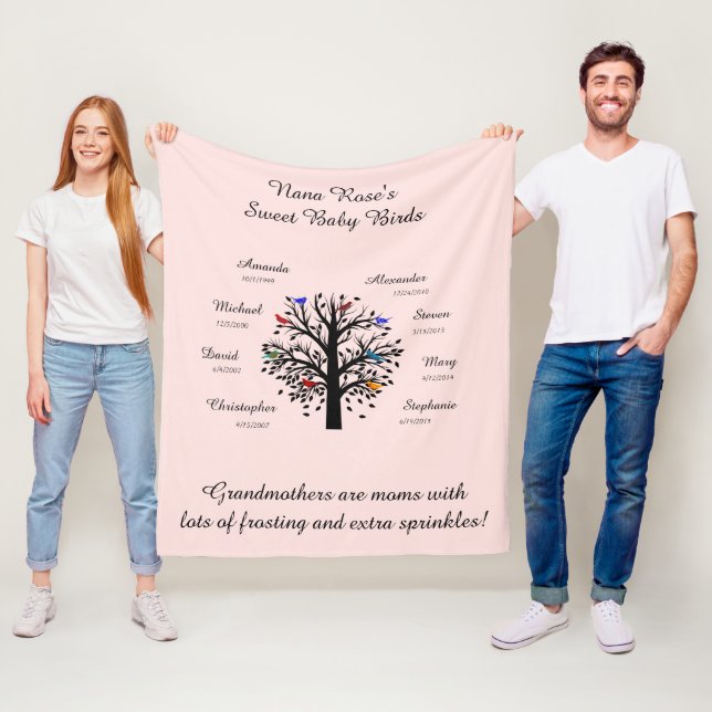 Grandma Tree, 8 Names & Dates, black on pink Fleece Blanket (In Situ)