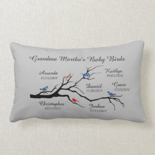 Grandma Tree (birds), customize with 6 names/dates Lumbar Cushion