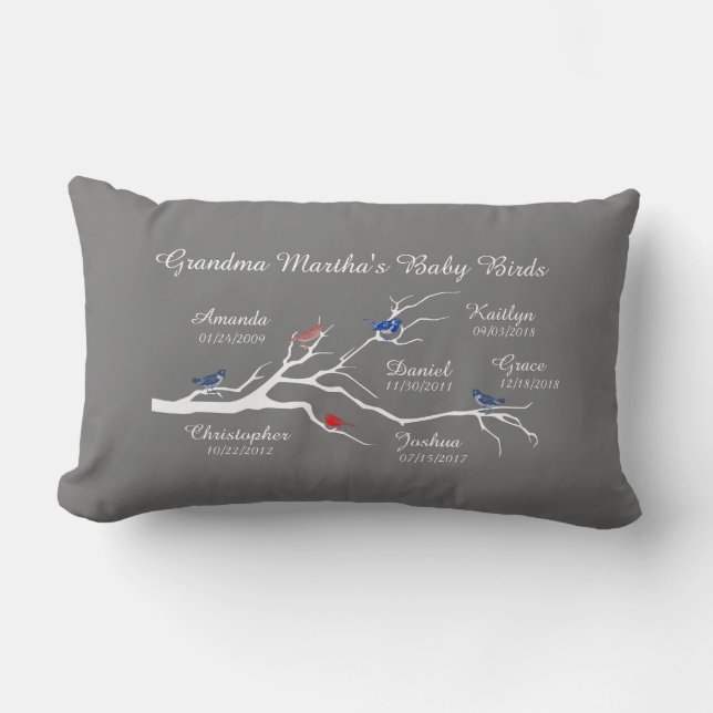 Grandma Tree (birds), customize with 6 names/dates Lumbar Cushion (Front)