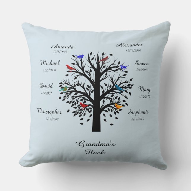 Grandma Tree, Black on Pale Grey, 8 Names & Dates Cushion (Front)