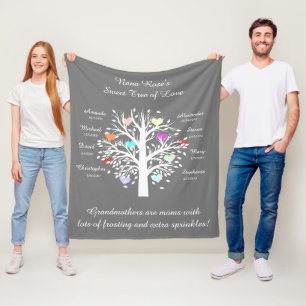Grandma Tree (hearts), White/Grey 8 Names & Dates Fleece Blanket