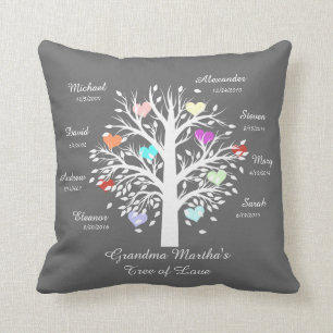 Grandma Tree (hearts) White on Grey, 8 Names/Dates Cushion