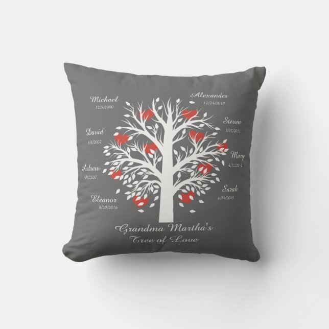 Grandma Tree (hearts) White on Grey, 8 Names/Dates Cushion (Front)