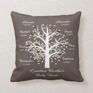 Grandma Tree, White on Taupe, 8 Names & Dates Cushion