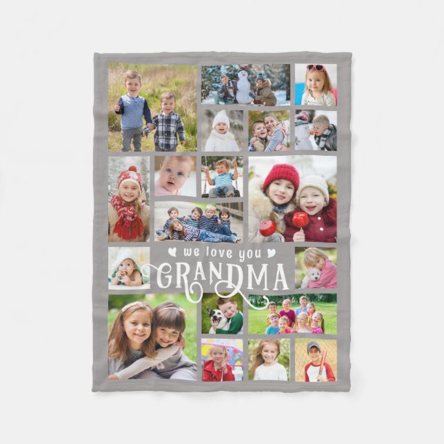 Grandma We Love You 19 Photo Collage Custom Colour Fleece Blanket (Front)
