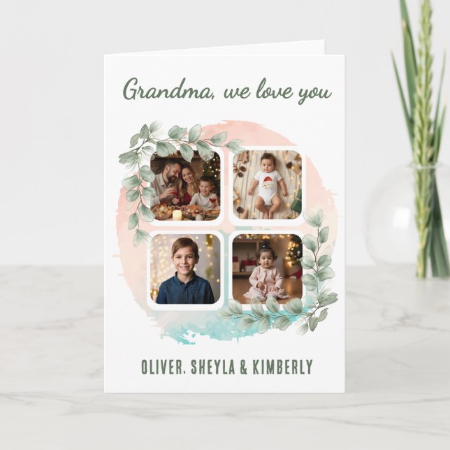 Grandma we love you 6 Photo Collage Eucalyptus Card (Front)