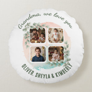Grandma we love you 6 Photo Collage Eucalyptus Round Cushion
