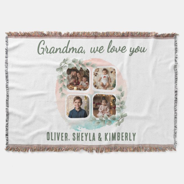 Grandma we love you 6 Photo Collage Eucalyptus Throw Blanket (Front)