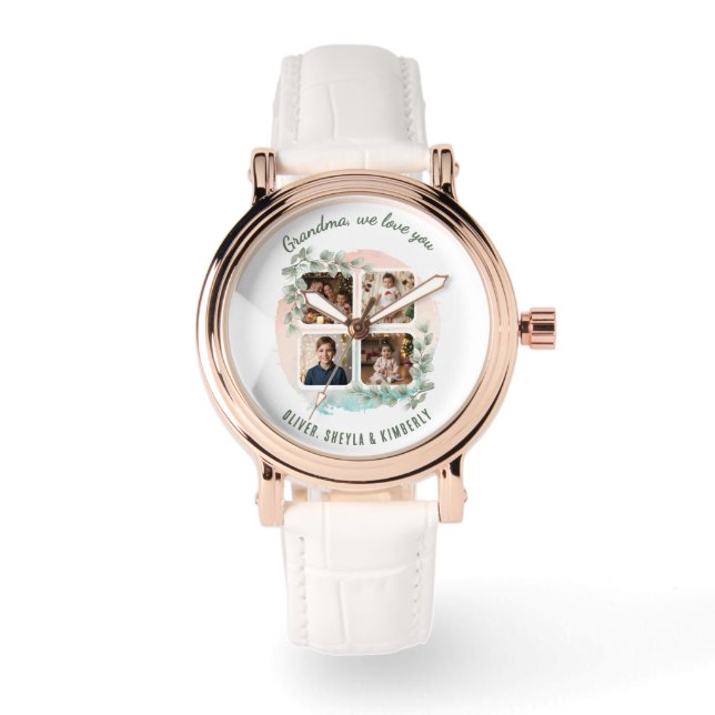 Grandma we love you 6 Photo Collage Eucalyptus Watch (Front)