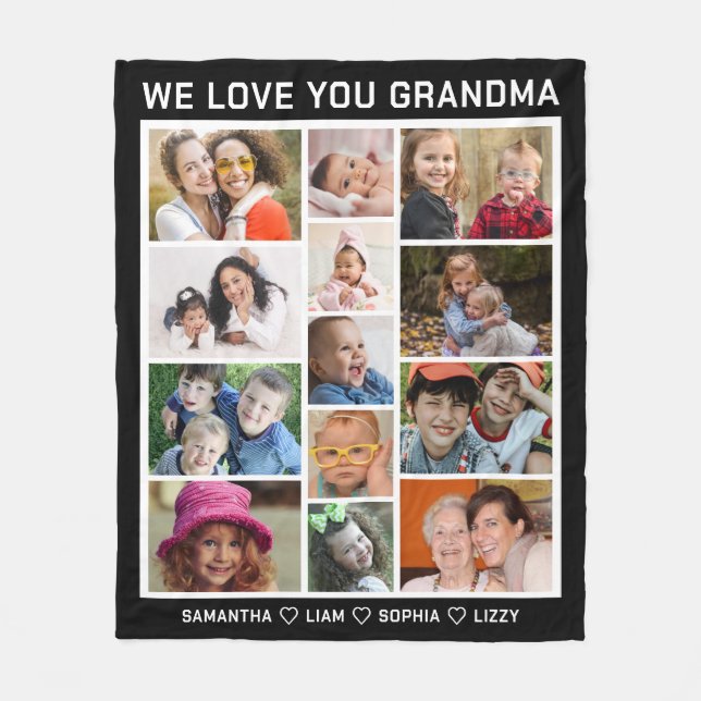 Grandma We Love You Grandkids 13 Photo Collage Fleece Blanket (Front)