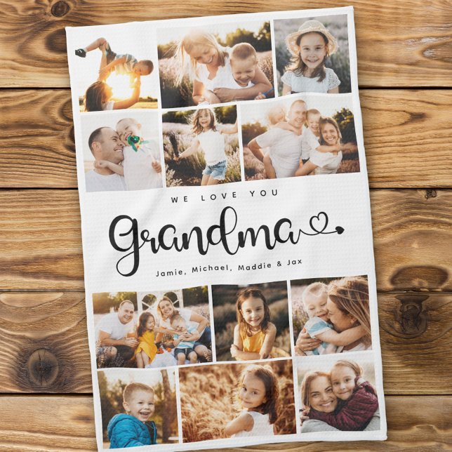 Grandma We Love you Hearts Modern Photo Collage Tea Towel (Creator Uploaded)