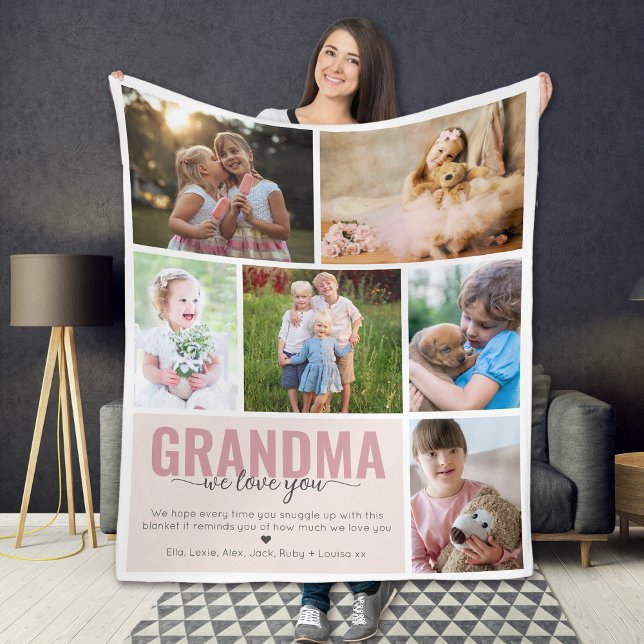 Grandma We Love You Photo Collage Pink Fleece Blanket (Creator Uploaded)