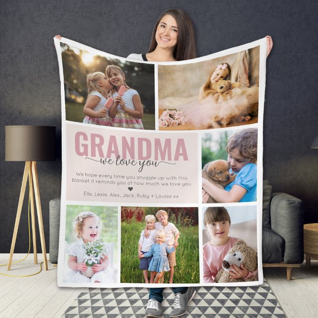 Grandma We Love You Photo Collage Pink Fleece Blanket (Creator Uploaded)