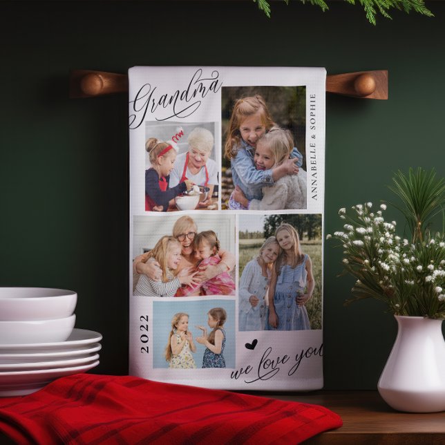 Grandma We Love You Photo Collage Typography   Tea Towel (Creator Uploaded)
